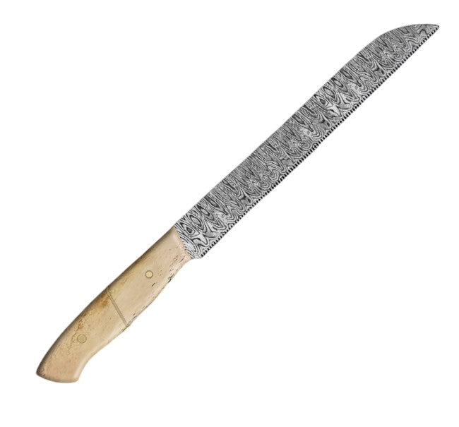12.1-inch serrated knife with a damascus pattern blade, featuring a wavy-edge design for slicing bread and pastries, paired with an ergonomic beige camel bone handle