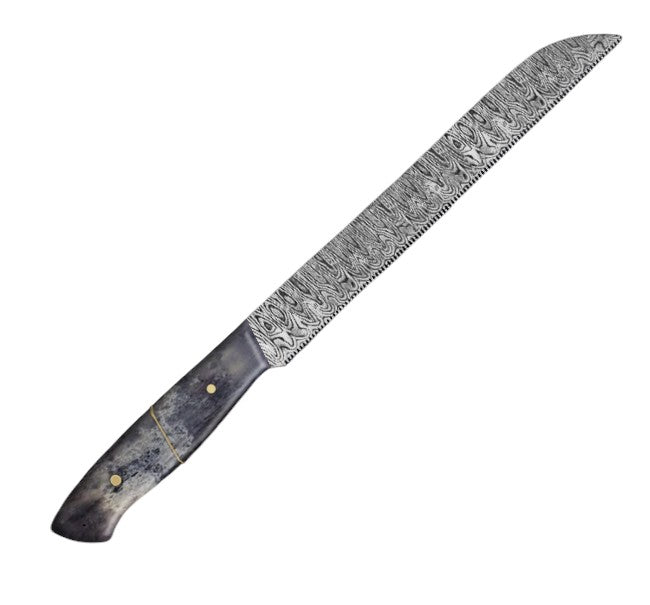 12.1-inch serrated knife with a damascus pattern blade, featuring a wavy-edge design for slicing bread and pastries, paired with an ergonomic black camel bone handle