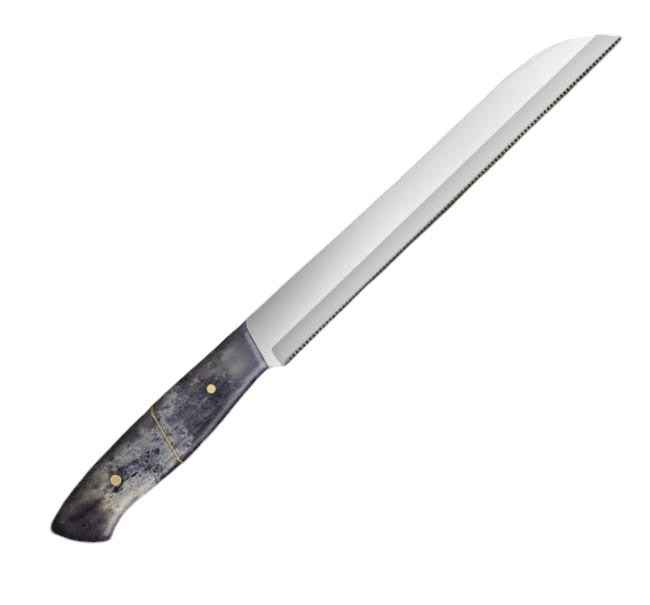 12.1-inch serrated knife with a stainless steel pattern blade, featuring a wavy-edge design for slicing bread and pastries, paired with an ergonomic black camel bone handle