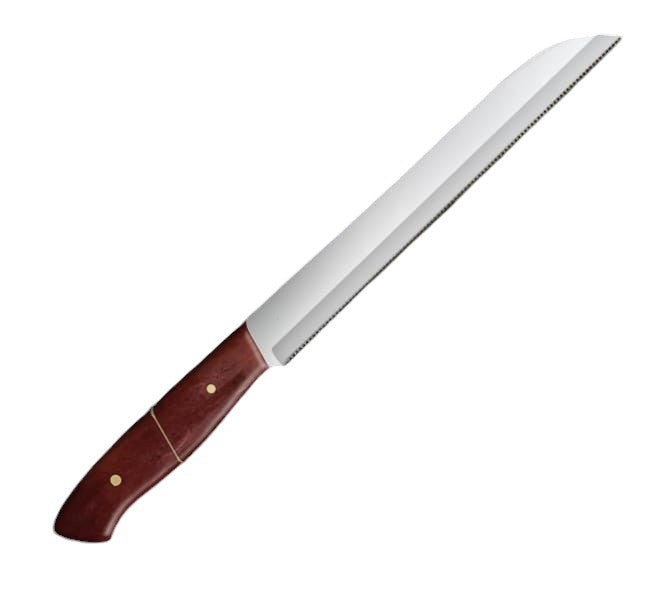 12.1-inch serrated knife with a stainless steel pattern blade, featuring a wavy-edge design for slicing bread and pastries, paired with an ergonomic brown camel bone handle