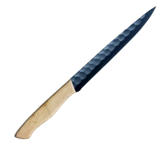 12.2-inch carbon coated slicer knife with a sharp, narrow blade and an ergonomic beige camel bone handle, ideal for precise slicing and carving tasks.