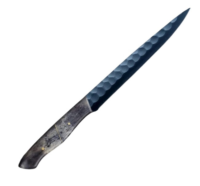 12.2-inch carbon coated slicer knife with a sharp, narrow blade and an ergonomic black camel bone handle, ideal for precise slicing and carving tasks.