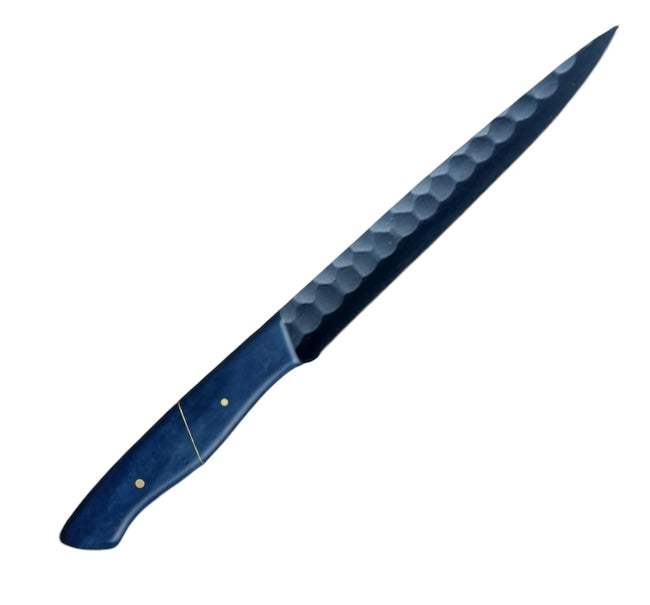 12.2-inch carbon coated slicer knife with a sharp, narrow blade and an ergonomic blue camel bone handle, ideal for precise slicing and carving tasks.