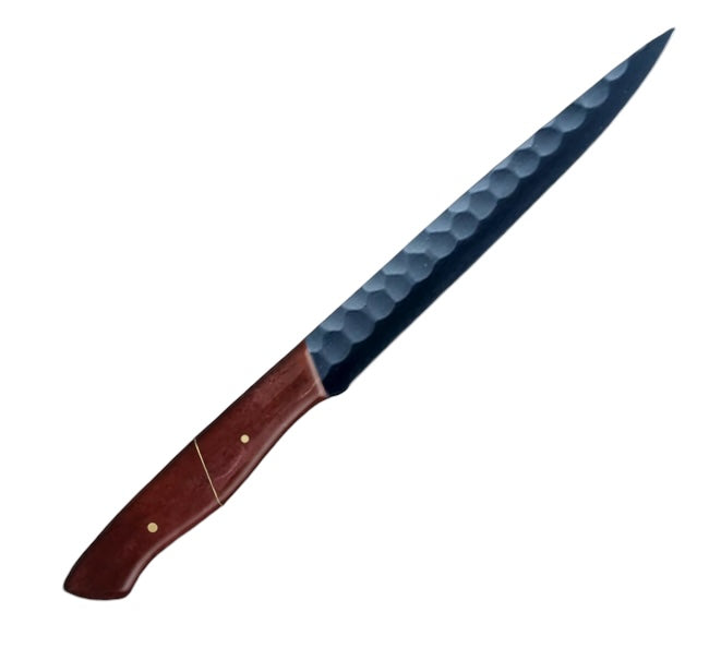 12.2-inch carbon coated slicer knife with a sharp, narrow blade and an ergonomic brown camel bone handle, ideal for precise slicing and carving tasks.