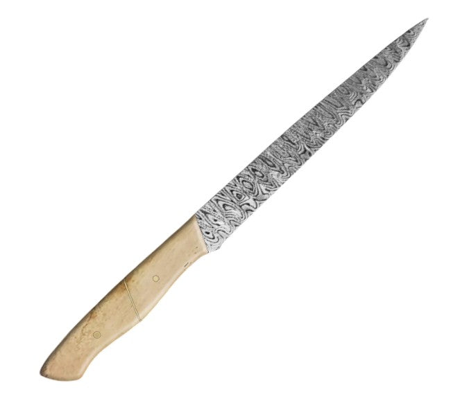 12.2-inch damascus pattern vg-10 steel slicer knife with a sharp, narrow blade and an ergonomic beige camel bone handle, ideal for precise slicing and carving tasks.