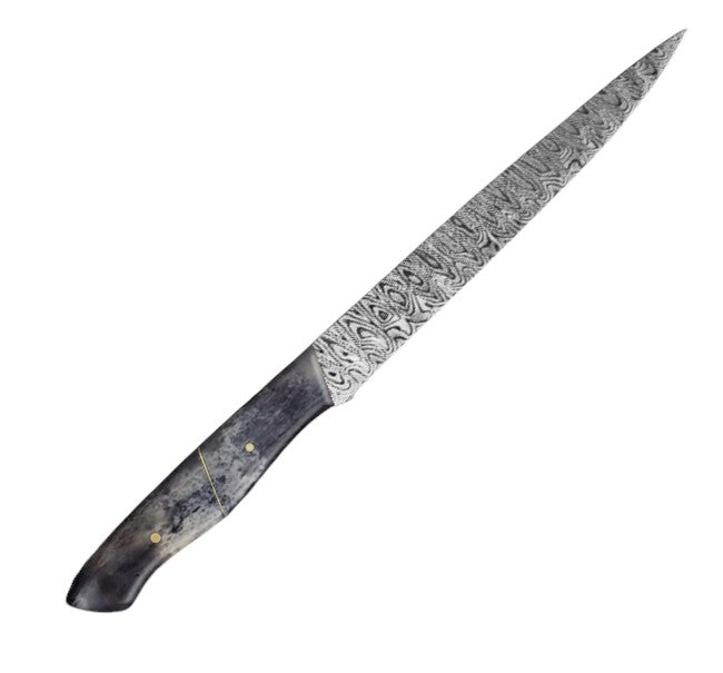 12.2-inch damascus pattern vg-10 steel slicer knife with a sharp, narrow blade and an ergonomic blue camel bone handle, ideal for precise slicing and carving tasks.