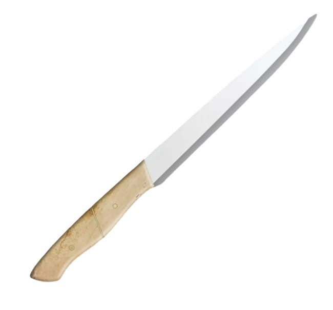 12.2-inch stainless steel slicer knife with a sharp, narrow blade and an ergonomic beige camel bone handle, ideal for precise slicing and carving tasks.