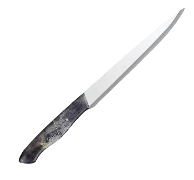 12.2-inch stainless steel slicer knife with a sharp, narrow blade and an ergonomic black camel bone handle, ideal for precise slicing and carving tasks.