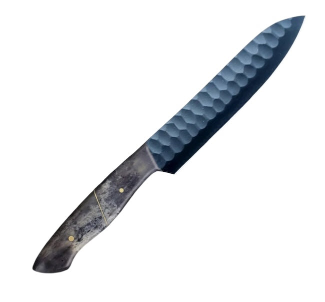 12.4-inch full-tang santoku knife with a carbon-coated blade and a polished black camel bone handle, designed for precision, durability, and versatility in kitchen tasks like chopping, slicing, and dicing.