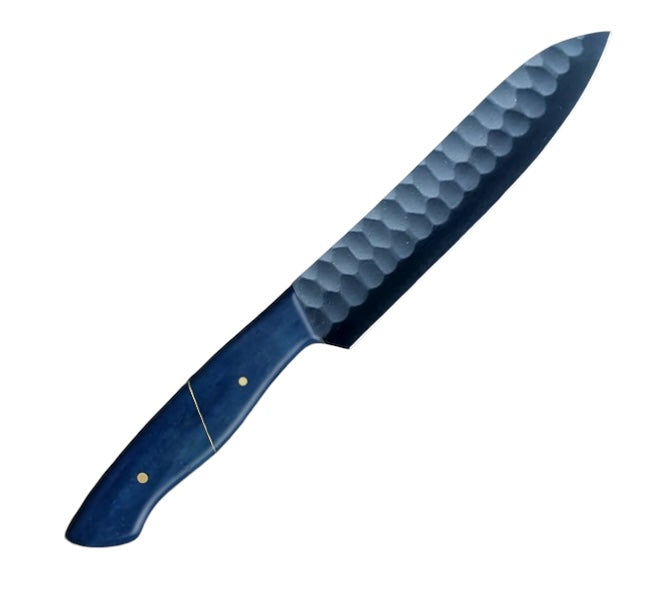 12.4-inch full-tang santoku knife with a carbon-coated blade and a polished blue camel bone handle, designed for precision, durability, and versatility in kitchen tasks like chopping, slicing, and dicing.