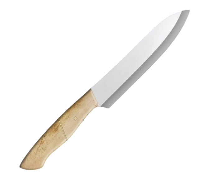 12.4-inch full-tang santoku knife with a stainless steel blade and a polished beige camel bone handle, designed for durability and precision in versatile kitchen tasks like chopping, slicing, and dicing.