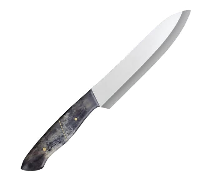 12.4-inch full-tang santoku knife with a stainless steel blade and a polished black camel bone handle, designed for durability and precision in versatile kitchen tasks like chopping, slicing, and dicing.