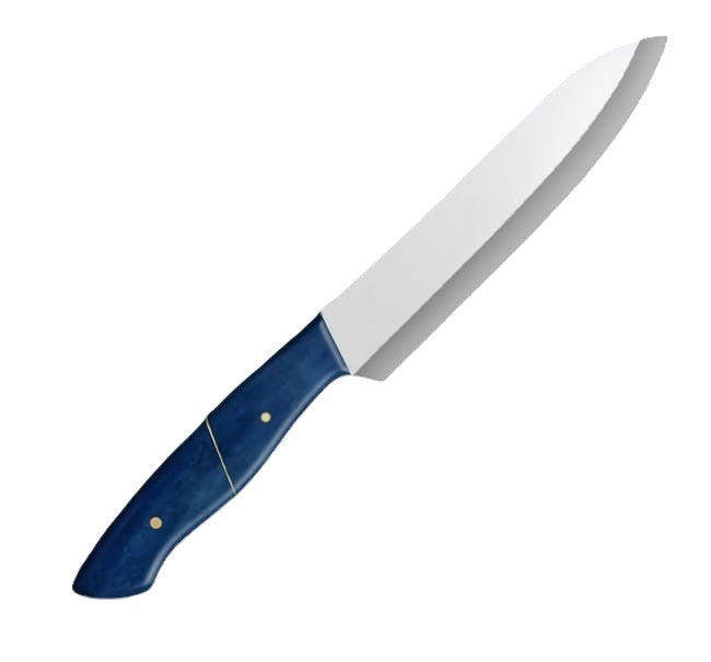 12.4-inch full-tang santoku knife with a stainless steel blade and a polished blue camel bone handle, designed for durability and precision in versatile kitchen tasks like chopping, slicing, and dicing.