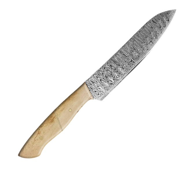 12.4-inch santoku knife featuring a full tang damascus pattern vg-10 steel blade and a polished beige camel bone handle, perfect for versatile chopping, slicing, and dicing tasks in the kitchen.