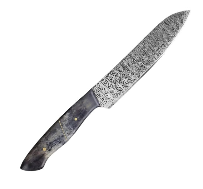 12.4-inch santoku knife featuring a full tang damascus pattern vg-10 steel blade and a polished black camel bone handle, perfect for versatile chopping, slicing, and dicing tasks in the kitchen.