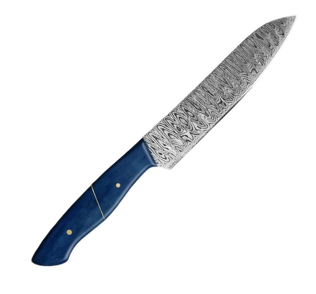 The 12.4-inch Santoku Knife is perfect for slicing, dicing, and mincing. Its balanced design and razor-sharp VG- 10 blade with camel bone handle ensure precision with every cut, while the carry box adds elegance and protection.