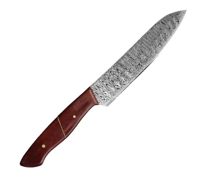 12.4-inch santoku knife featuring a full tang damascus pattern vg-10 steel blade and a polished brown camel bone handle, perfect for versatile chopping, slicing, and dicing tasks in the kitchen.