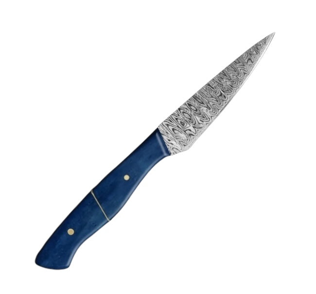 4-inch full-tang paring knife with a damascus pattern vg-10 steel blade and a polished blue camel bone handle, ideal for precision peeling, trimming, and small cutting tasks