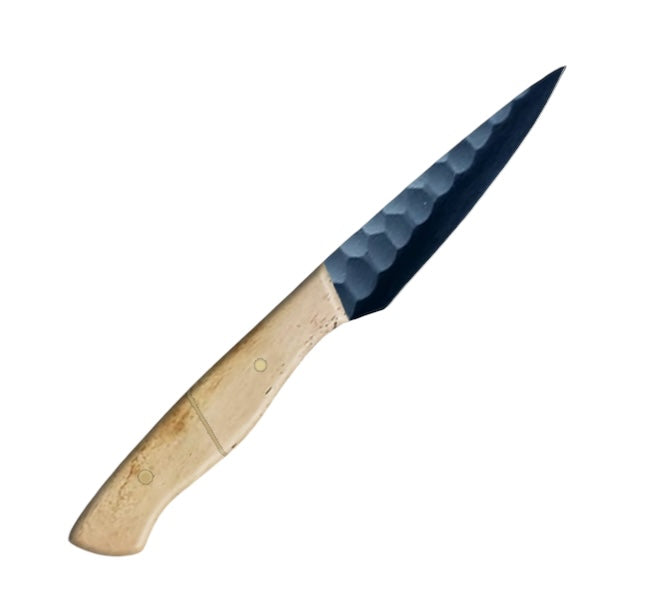 4-inch full-tang paring knife with a carbon coated steel blade and a polished blue camel bone handle.