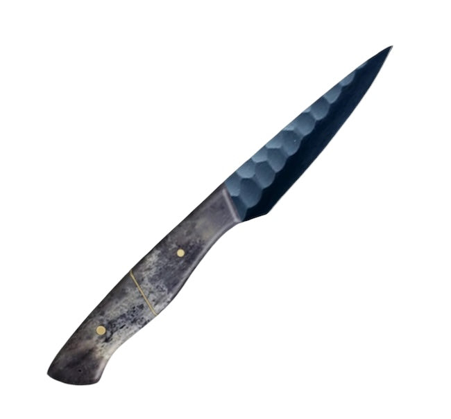 4-inch full-tang paring knife with a carbon coated steel blade and a polished black camel bone handle, ideal for precision peeling, trimming, and small cutting tasks.