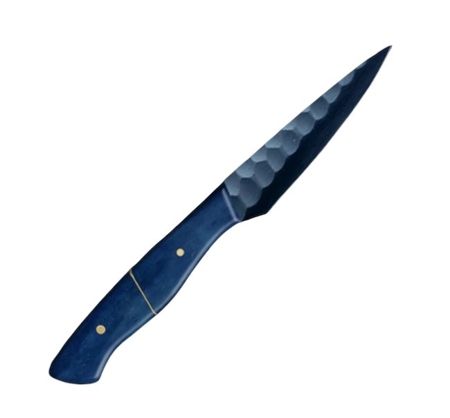 4-inch full-tang paring knife with a carbon coated steel blade and a polished blue camel bone handle