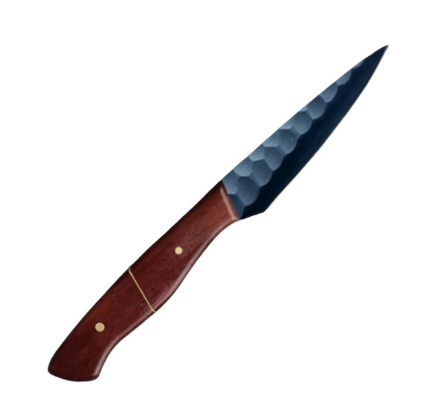 4-inch full-tang paring knife with a carbon coated steel blade and a polished brown camel bone handle, ideal for precision peeling, trimming, and small cutting tasks.