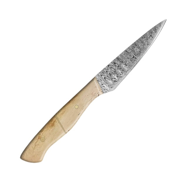 4-inch full-tang paring knife with a damascus pattern vg-10 steel blade and a polished beige camel bone.