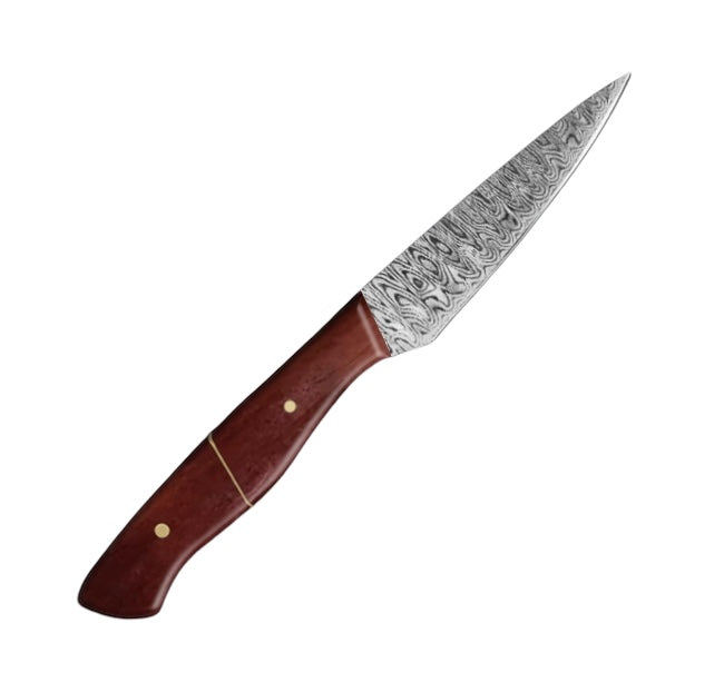 4-inch full-tang paring knife with a damascus pattern vg-10 steel blade and a polished brown camel bone