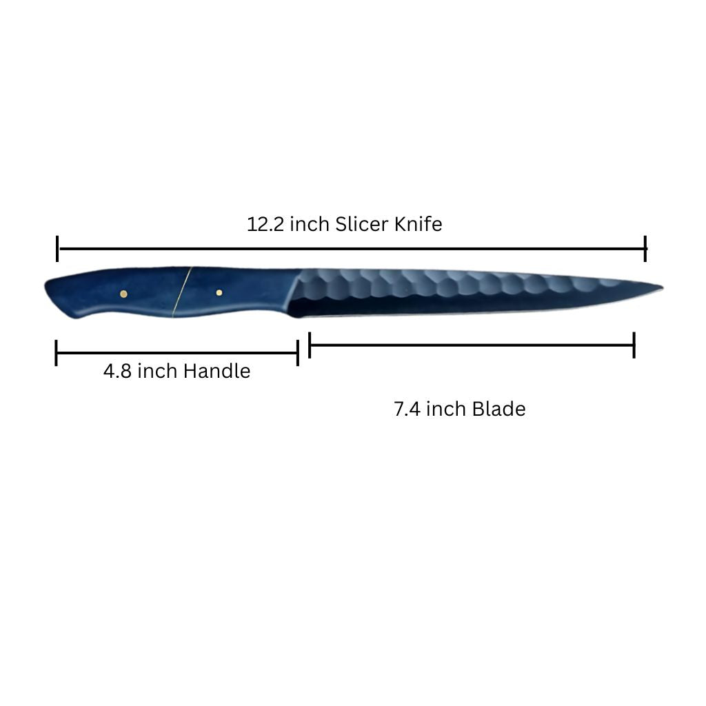 the dimension if eminence blades 12.2 inch full tang slicer kitchen knife are such that the camel bone handle is 4.8 inch and the sharp high quality blades is 7.4 inch
