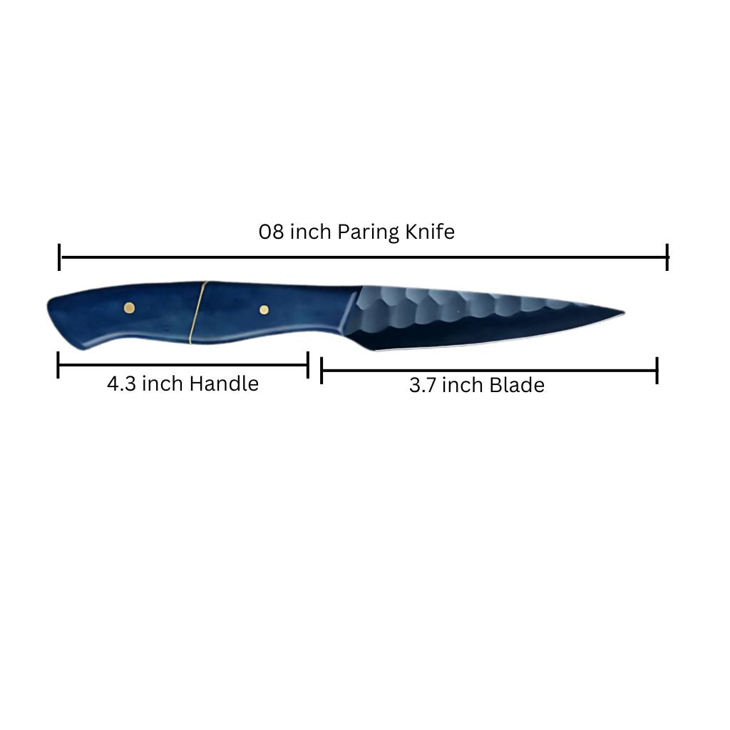 Dimension of 8 inch full tang paring knife. it has a 4.3 inch camel bone handle, 2.7 inch highest quality blade.