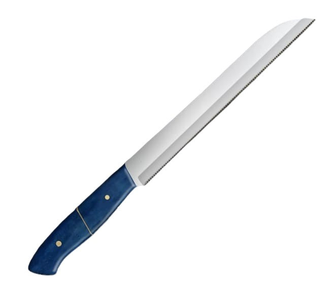 12.1-inch serrated knife with a stainless steel pattern blade, featuring a wavy-edge design for slicing bread and pastries, paired with an ergonomic blue camel bone handle