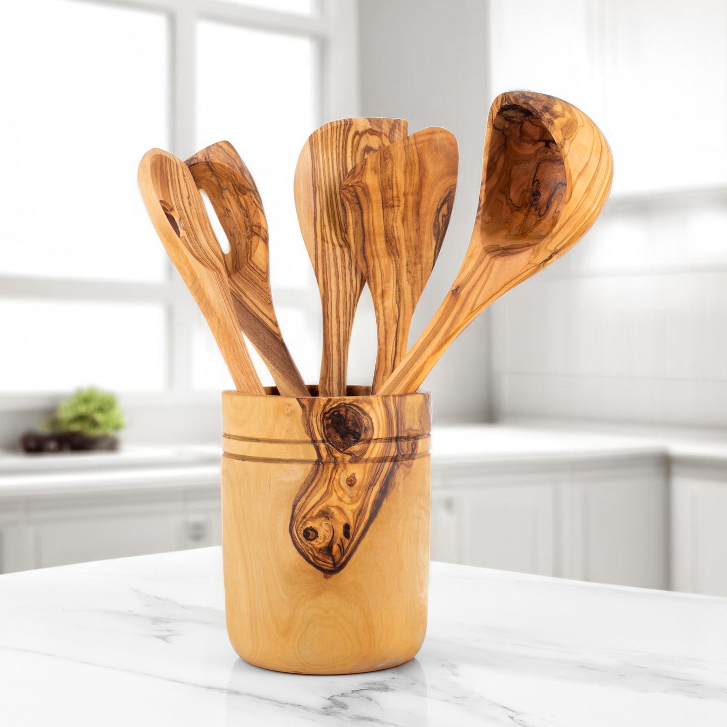 5-Piece Handmade Olive Wood Kitchen Utensil Set with Holder – Durable & Elegant