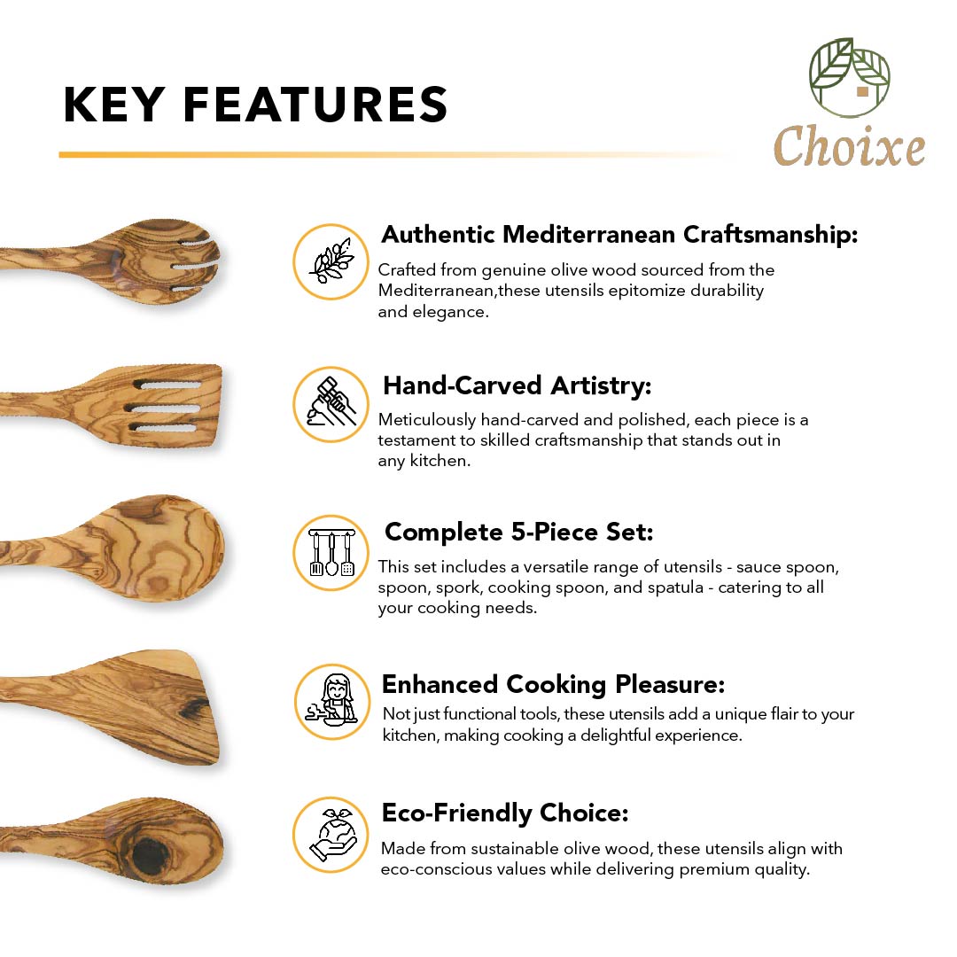 5-Piece Hand-Carved Olive Wood Kitchen Utensil Set – Durable & Eco-Friendly