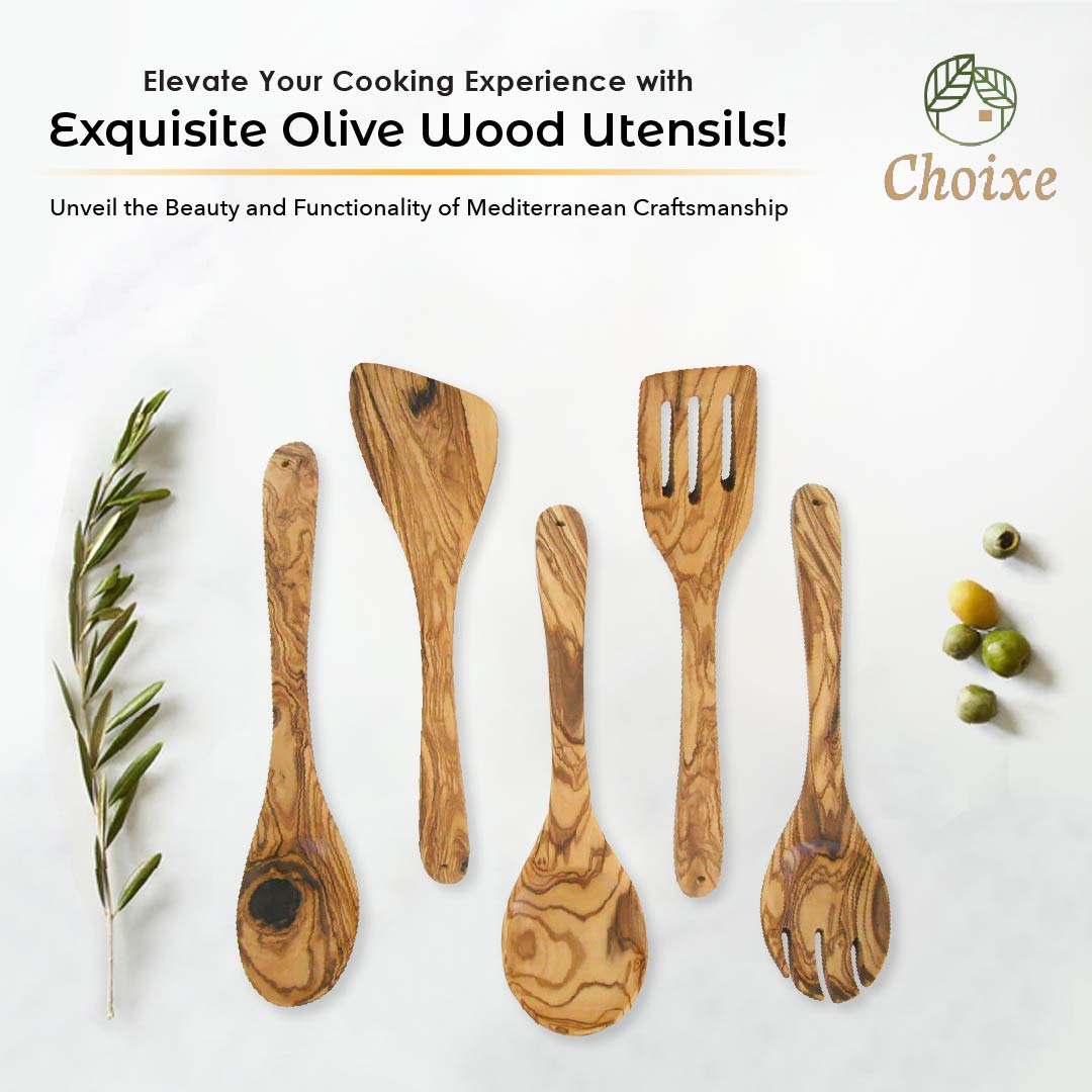 5-Piece Hand-Carved Olive Wood Kitchen Utensil Set – Durable & Eco-Friendly