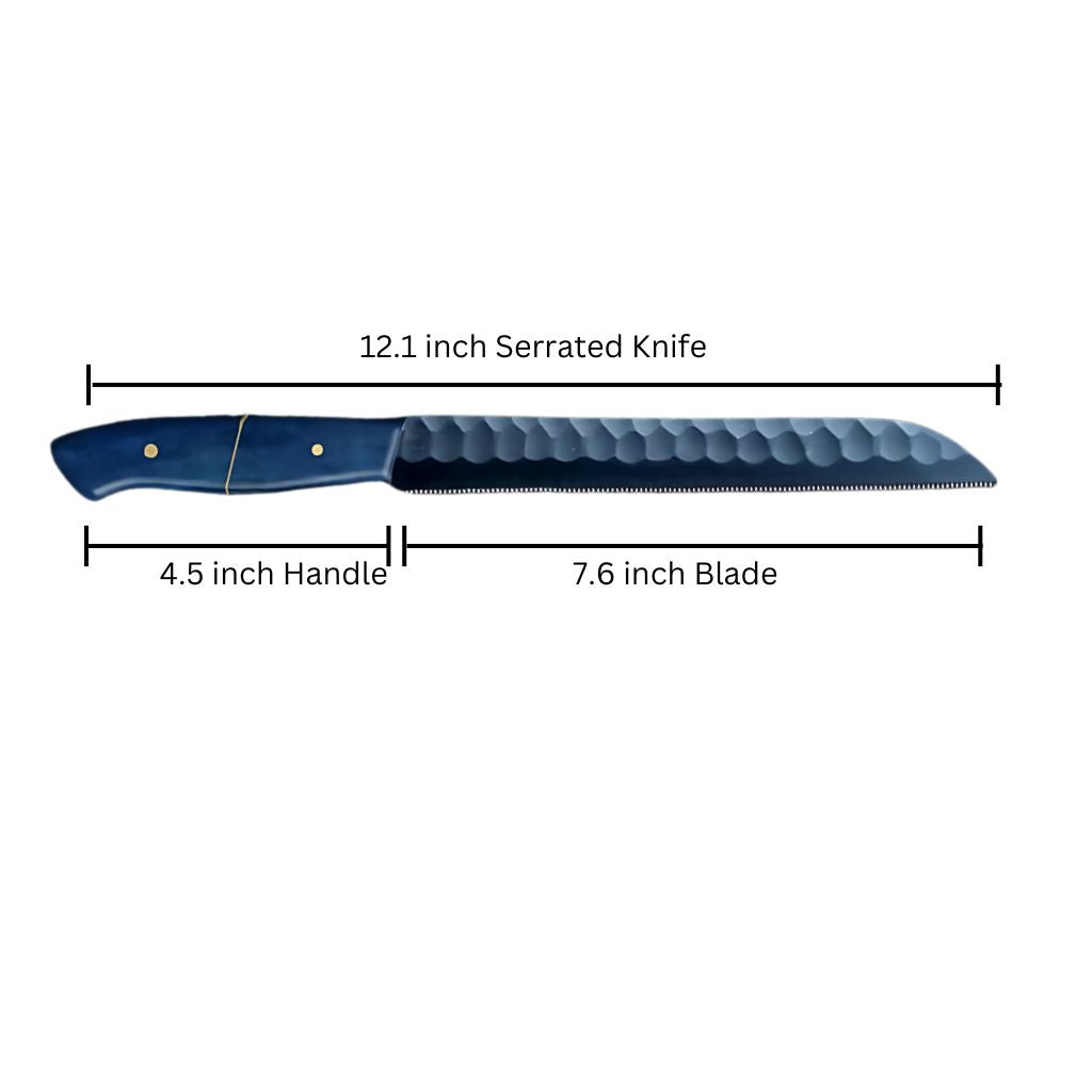 Detailed dimensions of a 12.1-inch full tang serrated knife, showcasing a 7.6 inch steel blade and 4.5-inch ergonomic camel bone handle.