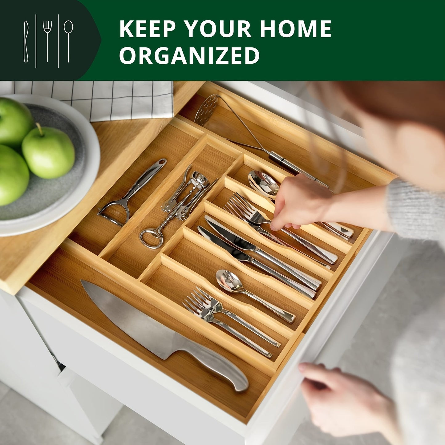 Expandable Bamboo Silverware & Cutlery Organizer – 9-Slot Kitchen Drawer Insert