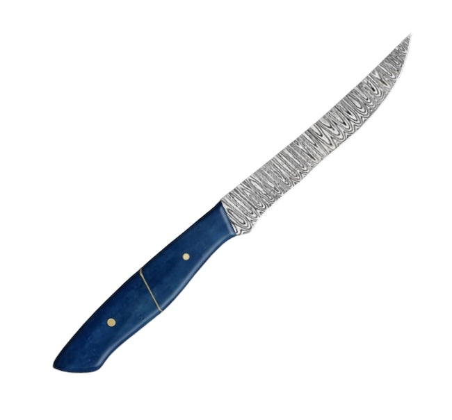 10-inch steak knife with a damascus pattern vg-10 steel blade and a polished blue camel bone handle, designed for effortless meat cutting and presented in a stylish carry box for gifting.