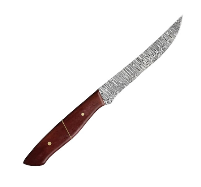 10-inch steak knife with a damascus pattern vg-10 steel blade and a polished brown camel bone handle, designed for effortless meat cutting and presented in a stylish carry box for gifting.
