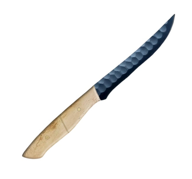10-inch steak knife with a carbon-coated blade and a polished beige camel bone handle, designed for precision meat cutting and presented in a stylish carry box for gifting