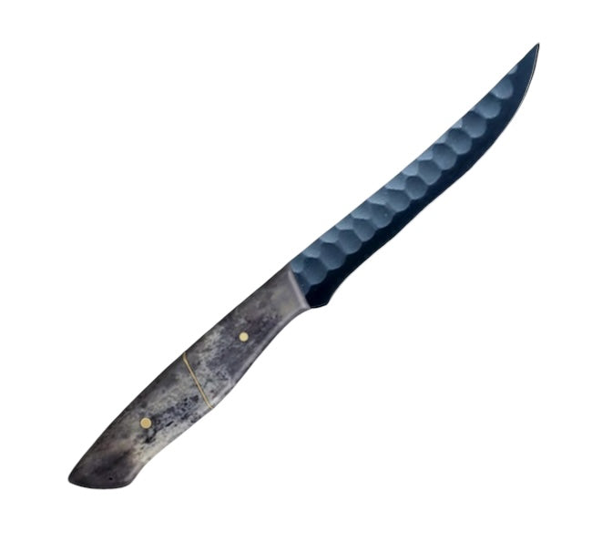 10-inch steak knife with a carbon-coated blade and a polished black camel bone handle, designed for precision meat cutting and presented in a stylish carry box for gifting