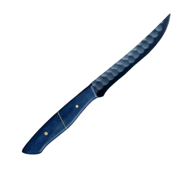 10-inch steak knife with a carbon-coated blade and a polished blue camel bone handle, designed for precision meat cutting and presented in a stylish carry box for gifting