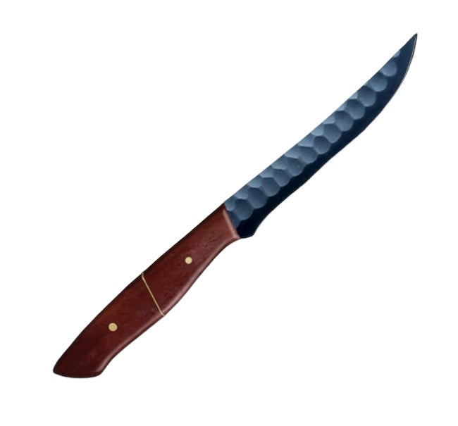 10-inch steak knife with a carbon-coated blade and a polished brown camel bone handle, designed for precision meat cutting and presented in a stylish carry box for gifting