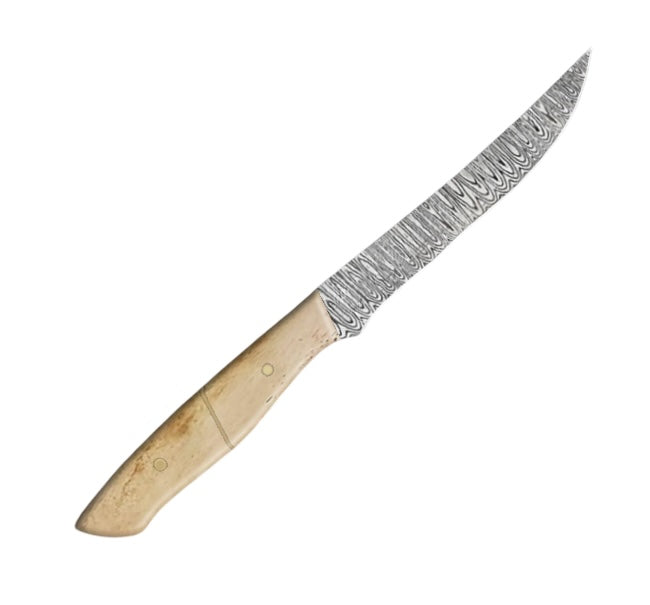 10-inch steak knife with a damascus pattern vg-10 steel blade and a polished beige camel bone handle, designed for effortless meat cutting and presented in a stylish carry box for gifting.