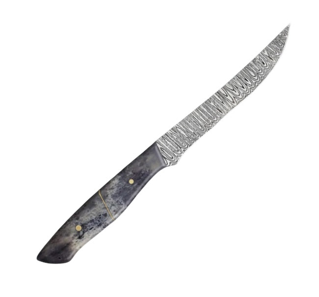 10-inch steak knife with a damascus pattern vg-10 steel blade and a polished black camel bone handle, designed for effortless meat cutting and presented in a stylish carry box for gifting.