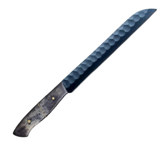  12.1-inch serrated knife with a carbon coated steel blade, featuring a wavy-edge design for slicing bread and pastries, paired with an ergonomic black camel bone handle