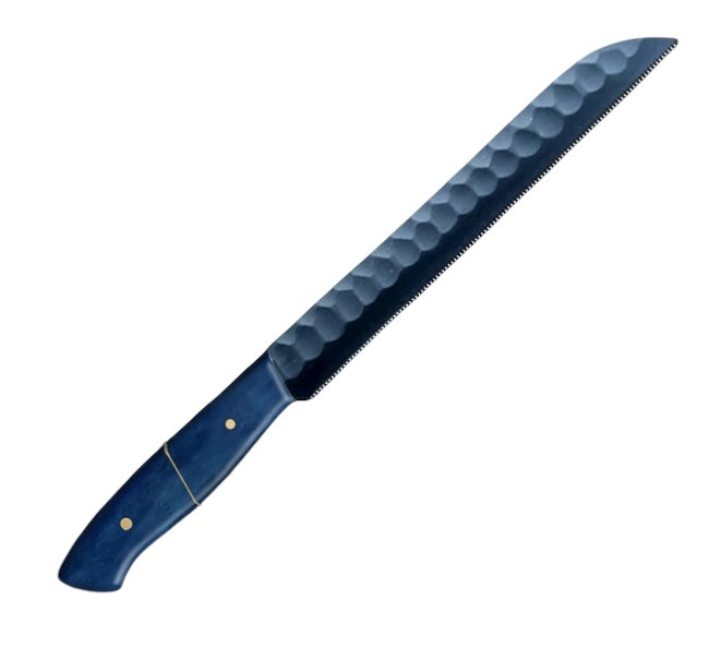 12.1-inch serrated knife with a carbon coated steel blade, featuring a wavy-edge design for slicing bread and pastries, paired with an ergonomic blue camel bone handle