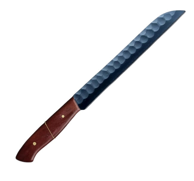 12.1-inch serrated knife with a carbon coated steel blade, featuring a wavy-edge design for slicing bread and pastries, paired with an ergonomic brown camel bone handle