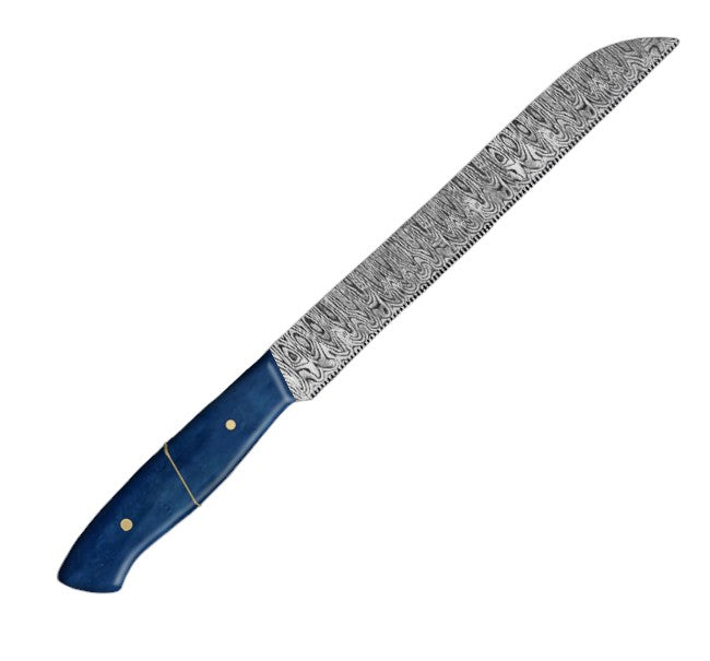 12.1-inch serrated knife with a damascus pattern blade, featuring a wavy-edge design for slicing bread and pastries, paired with an ergonomic blue camel bone handle