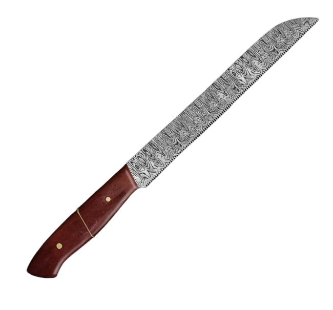 12.1-inch serrated knife with a damascus pattern blade, featuring a wavy-edge design for slicing bread and pastries, paired with an ergonomic brown camel bone handle