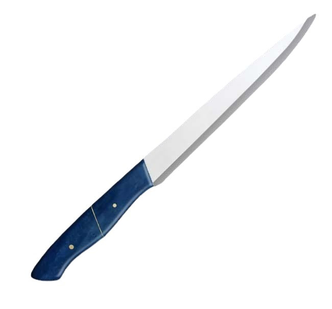 12.2-inch stainless steel slicer knife with a sharp, narrow blade and an ergonomic blue camel bone handle, ideal for precise slicing and carving tasks.